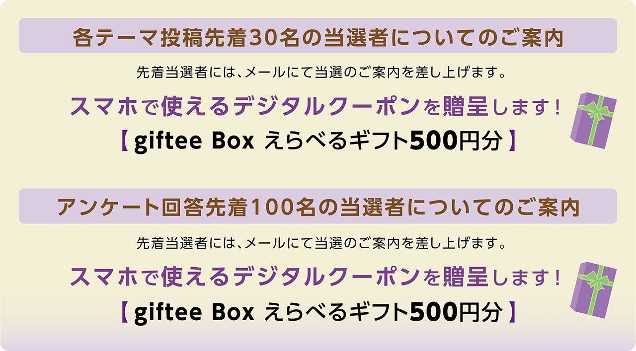 各テーマ投稿先着３０名の当選者についてのご案内　先着当選者には、メールにて当選のご案内を差し上げます。　スマホで使えるデジタルクーポンを贈呈します！【giftee Box えらべるギフト500円分】　　アンケート回答先着２００名の当選者についてのご案内　先着当選者には、メールにて当選のご案内を差し上げます。　スマホで使えるデジタルクーポンを贈呈します！【giftee Box えらべるギフト500円分】